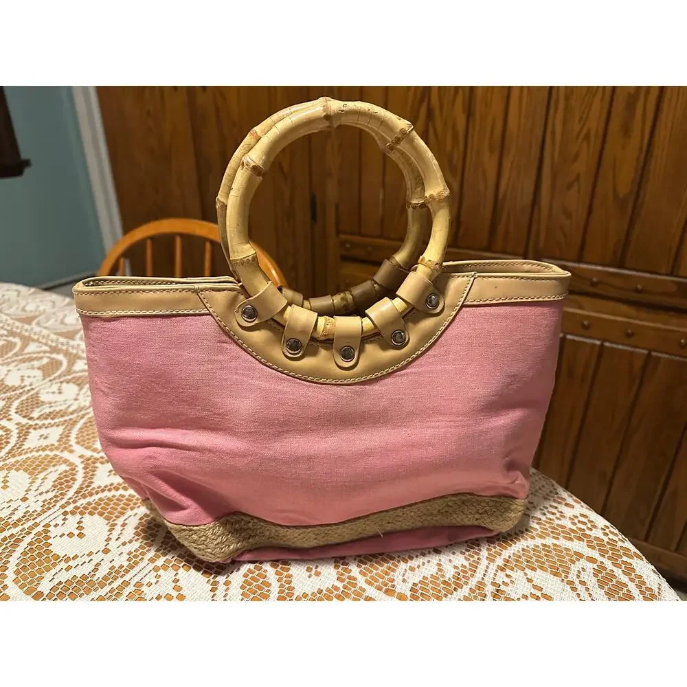 Vintage Y2K Bamboo Handle Tote Bag Pink Canvas Jute Straw Trim Summer Resort